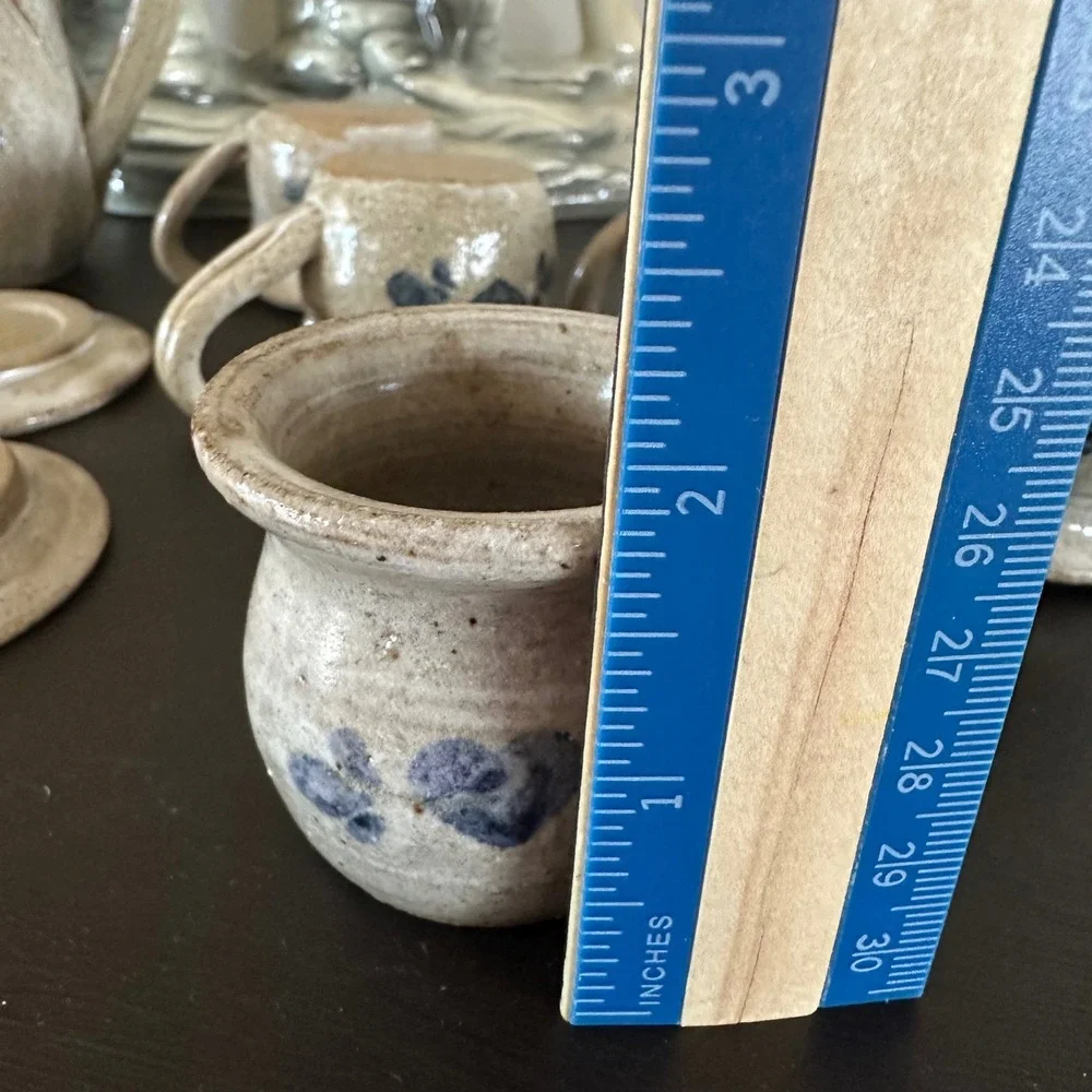 VTG Rowe Pottery Miniature Tea Set Salt Glazed Stoneware Blue Heart Cottagecore
